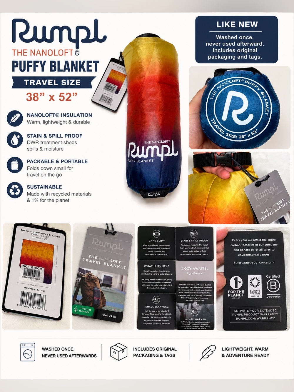Rumpl Nanoloft Puffy Travel Size Blanket - Gradient Pyro Tri-Fade 38” x 52”